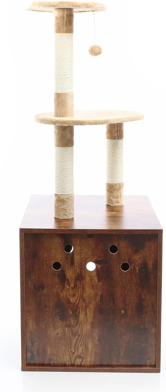 Fudajo Design Kratzbaum mit Box aus Holz vintagebraun multifunktional Kratzmöbel und Katzentoilette