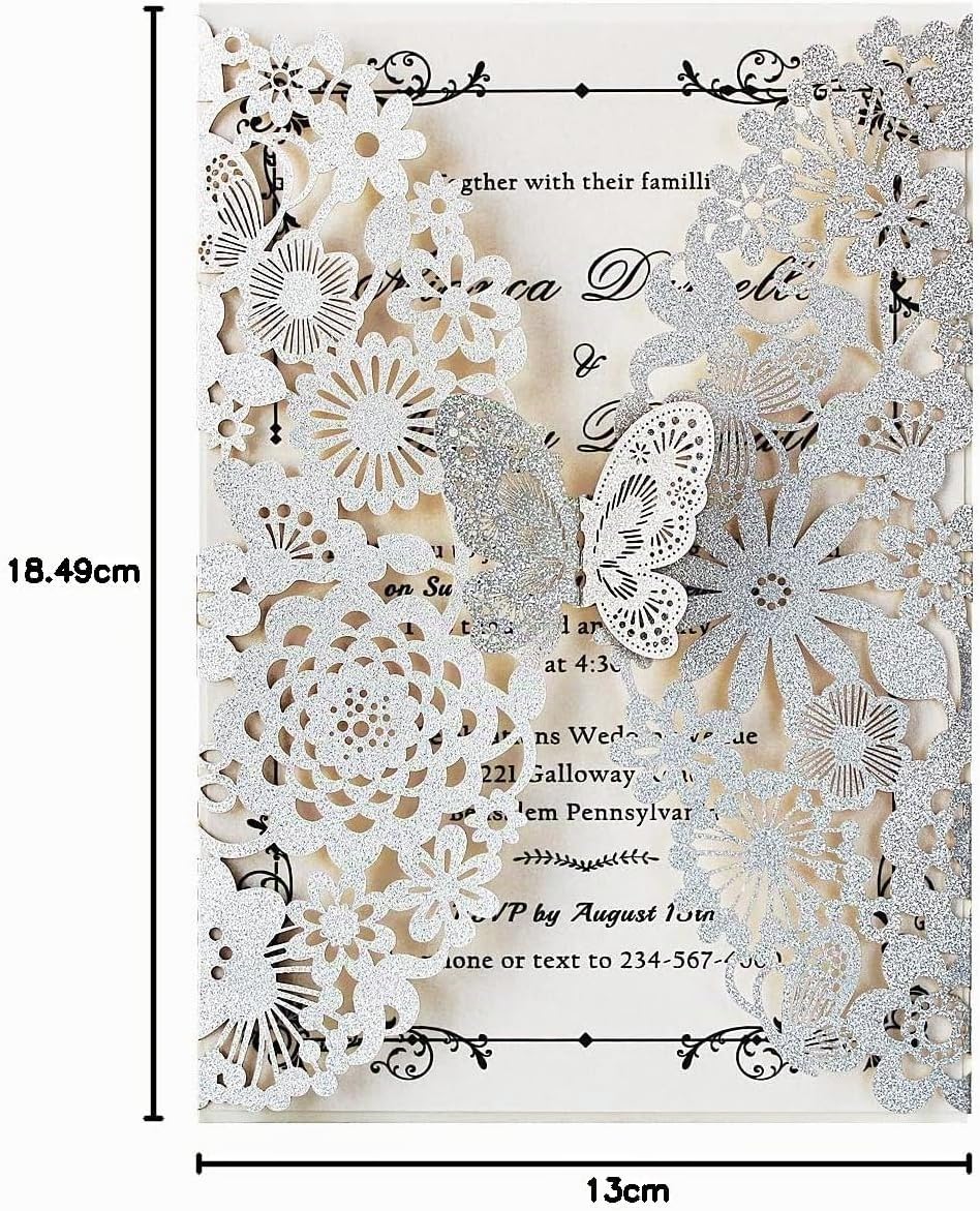 Hosmsua 20x Silber Glitzer Laserschnitt Spitze Flora Hochzeit Einladungskarten mit Schmetterling und