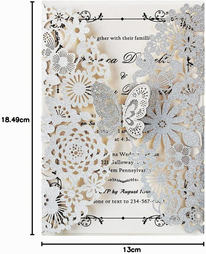 Hosmsua 20x Silber Glitzer Laserschnitt Spitze Flora Hochzeit Einladungskarten mit Schmetterling und