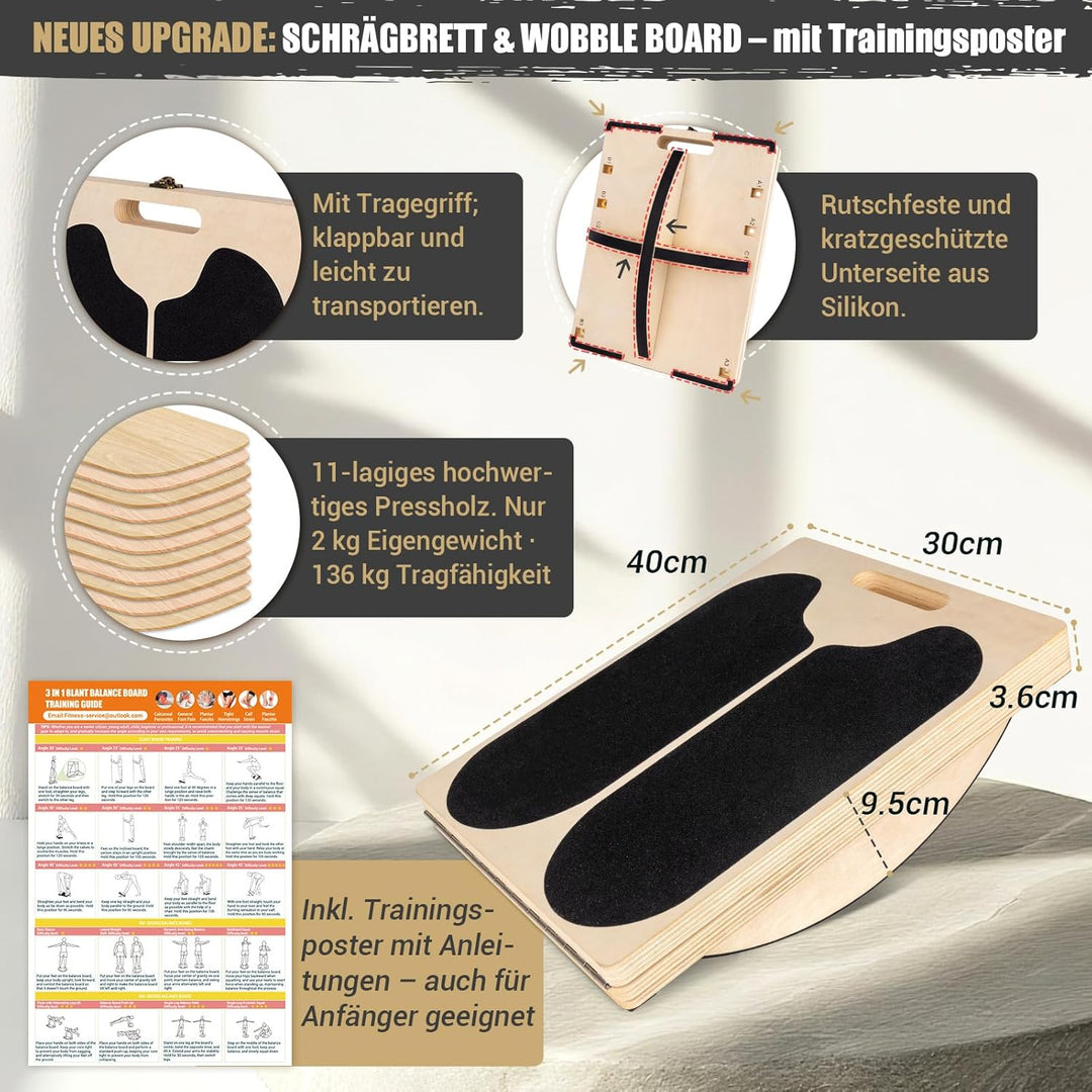 Wadendehner Schrägbrett aus Holz, 3-in-1 Slant Board mit 6 Winkeln und Trainingsposter, Verstellbar