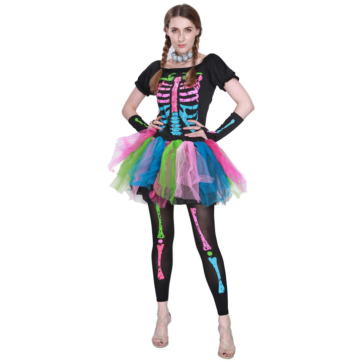 EraSpooky Neon Skelett Damen Halloween Regenbogen Kostüm Kleid Outfit, L