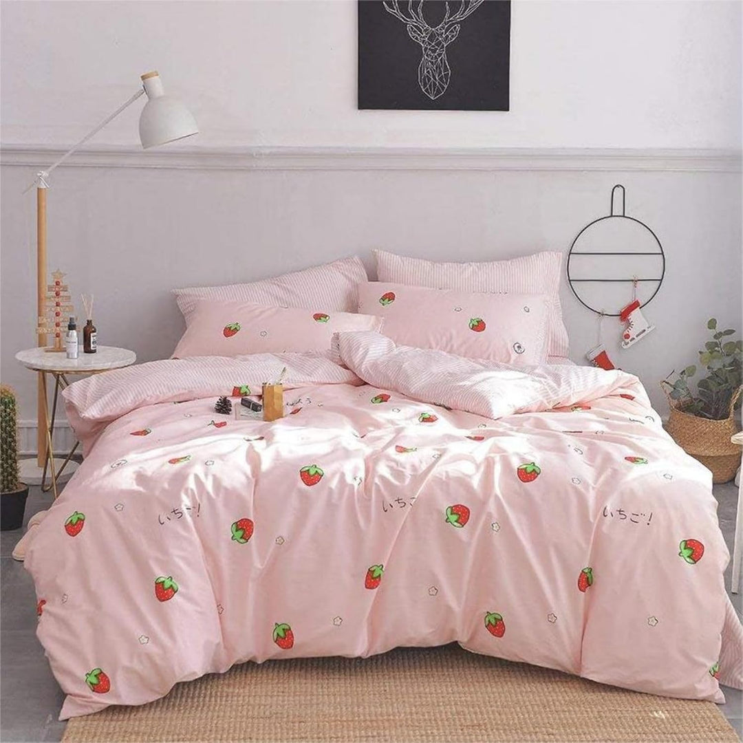 Freyamy Kinderbettwäsche 135x200cm 2teilig Rosa Rot Cartoon Erdbeere Kinder Wendebettwäsche Gebürste