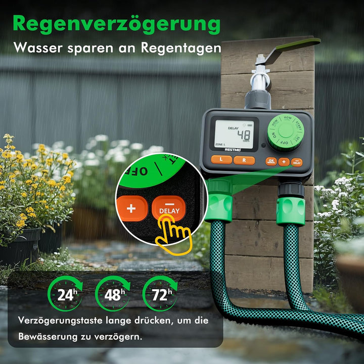 RESTMO RF-Fernbedienbarer Bewässerungscomputer, Wasserzeitschaltuhr für Aussenwasserhahn, automatisc
