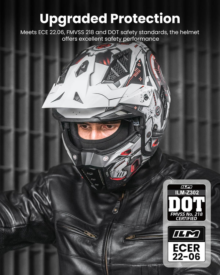 ILM Helm Motorrad Motocross Herren Damen Vintage Retro mit Visier ECE Model Z302,SciFiRot,L L SciFiR