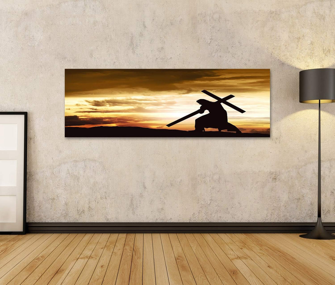 islandburner Bild auf Leinwand Silhouette Jesus Kreuz Hügel Sonnenuntergang Bilder Wandbilder Poster