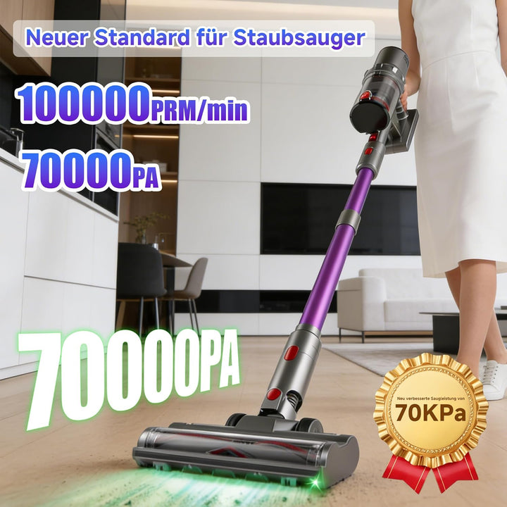 Hearten Akku Staubsauger,70000Pa/550W/70Min, Super Leise Staubsauger mit LED Display, V-Anti-Tangle-