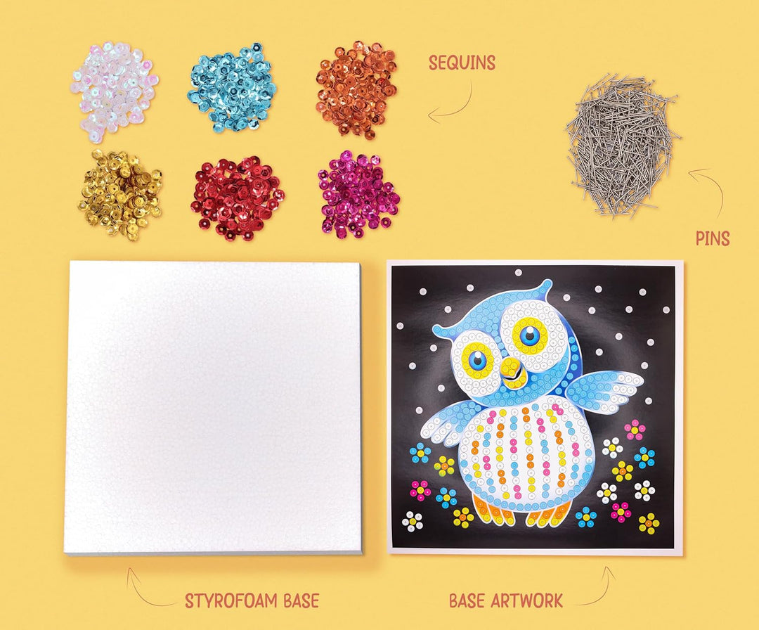 Kitfix - Sequin Art® 60 - Eule - Paillettenbild für Kinder- 20 x 20cm - 60min Bastelprojekt - Bastel