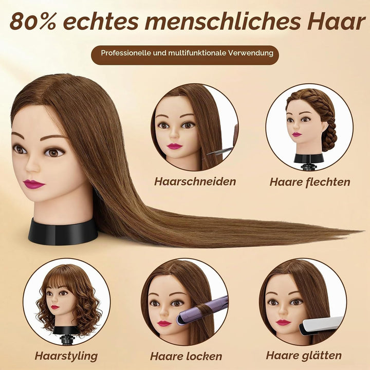 Trainingskopf 24 Zoll – 80% Echthaar Übungskopf für Friseur, Frisierkopf Echthaar,Styling Mannequin