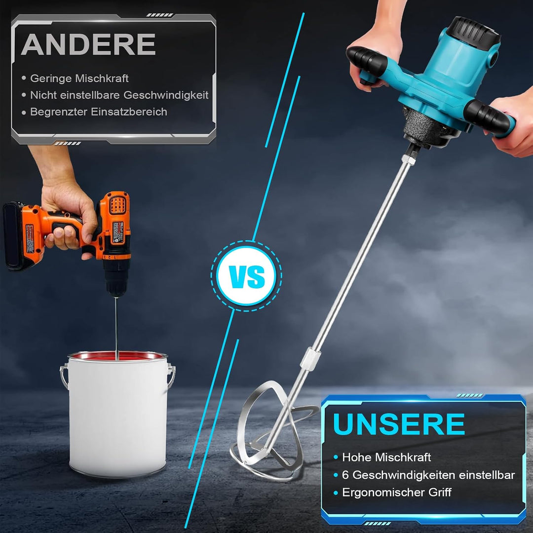 Mörtelrührer 1800W Profi Rührwerk, Farbrührer, Betonmischer mit 6-Stufen Drehzahlregelung (0-1500 U/