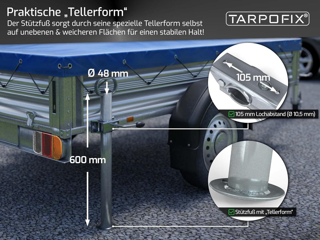 Tarpofix® Anhänger Stützen Set 600mm inkl. Klemmhalter (300kg Stützlast) | Anhängerstützen mit Halte