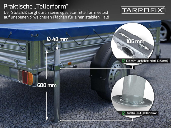 Tarpofix® Anhänger Stützen Set 600mm inkl. Klemmhalter (300kg Stützlast) | Anhängerstützen mit Halte