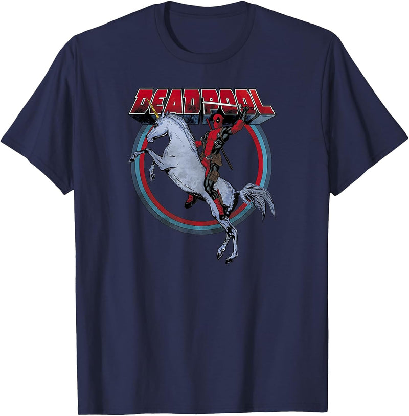 Mens Marvel Deadpool Riding A Unicorn Circle Graphic T-Shirt C1 2XL Navy