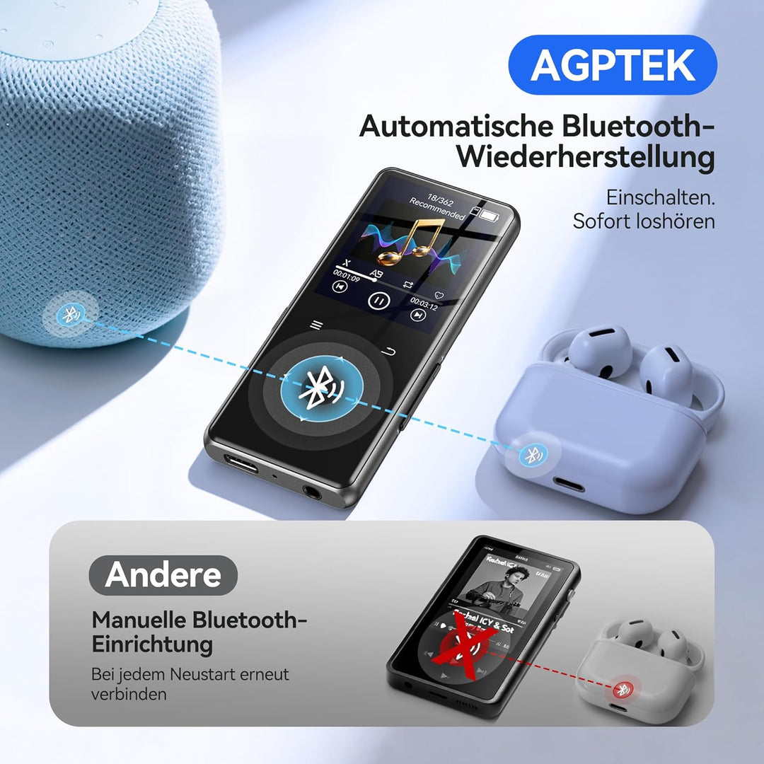 AGPTEK MP3 Player mit Bluetooth, 1,8 Zoll MP3-Player mit Lautsprecher, Kopfhörer & FM-Radio, HiFi-So