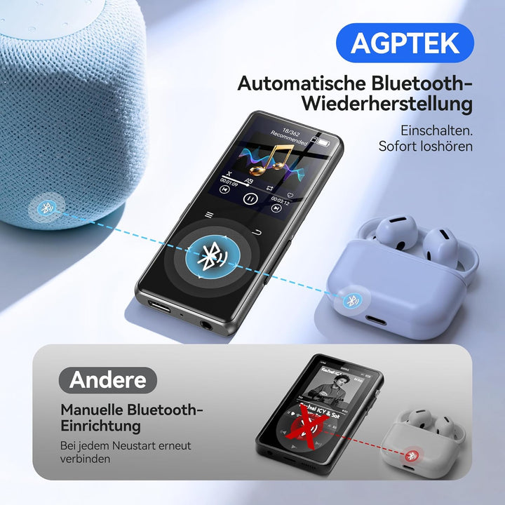 AGPTEK MP3 Player mit Bluetooth, 1,8 Zoll MP3-Player mit Lautsprecher, Kopfhörer & FM-Radio, HiFi-So