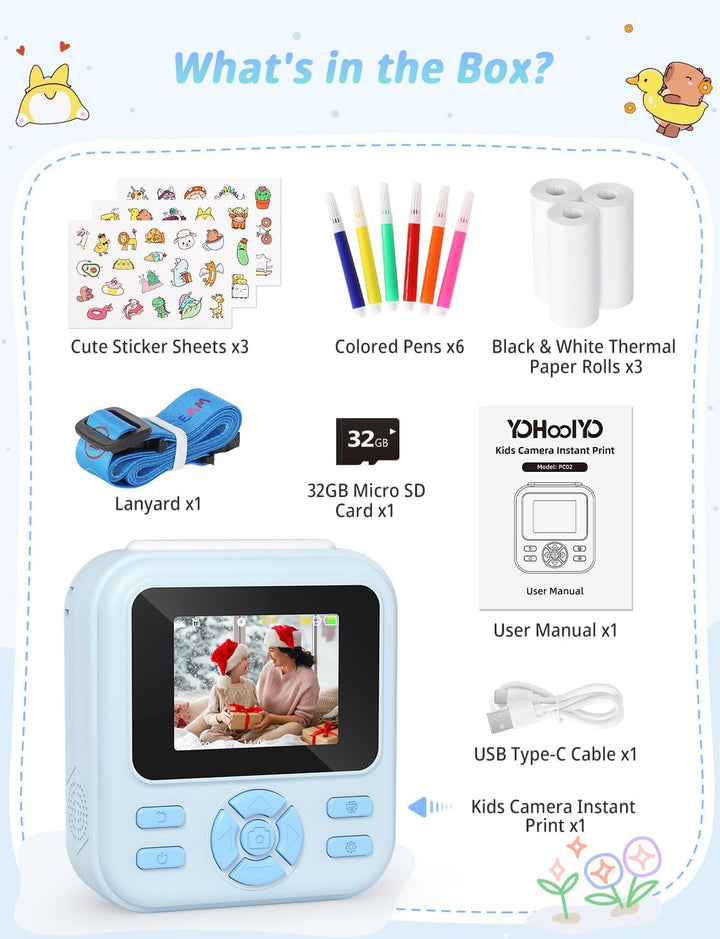 YOHOOLYO Sofortbildkamera Kinder 2,4 Zoll 1080P HD Kinderkamera mit 3 Rollen Druckpapier 32GB Karte