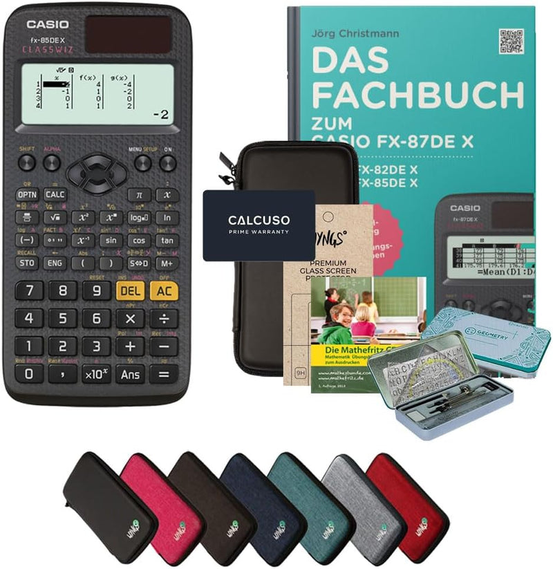 CALCUSO Streberpaket: Casio FX-85DE X + WYNGS Schutztasche schwarz + Fachbuch von CALCUSO + Displays