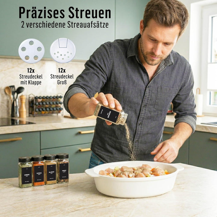 Deco haus® Gewürzgläser eckig luftdicht 12er Set [inkl. Etiketten & Streueinsatz] - Gewürzdosen Set