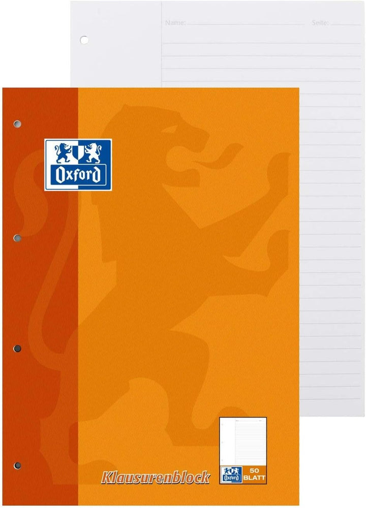 Oxford Schule Klausuren-Block A4, liniert mit Rand, 50 Blatt, orange, 5 Stück Single, Single