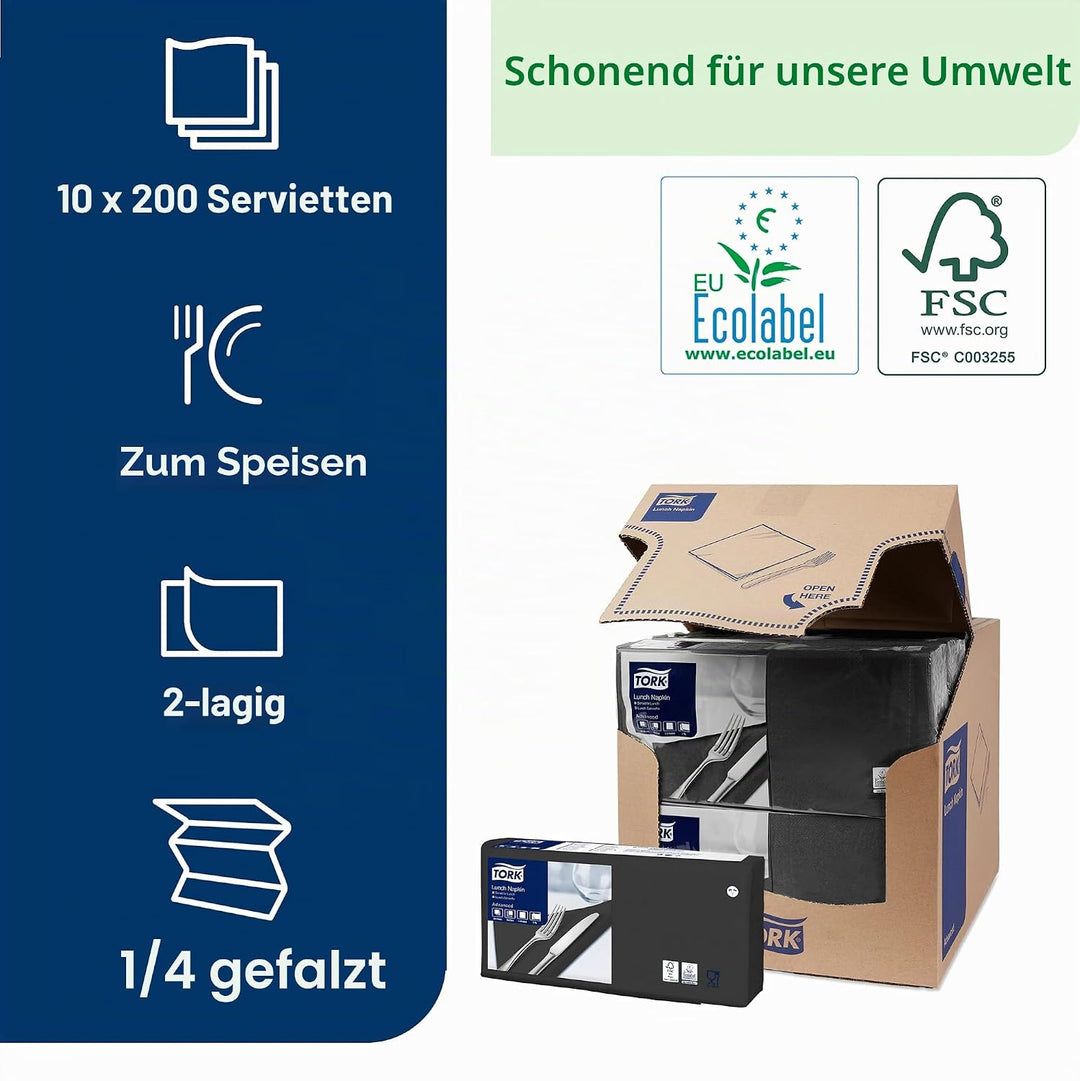 Tork 477148 Lunchservietten Schwarz / 2-lagige Servietten für kleine Gerichte &amp; Snacks / Advanced Qu