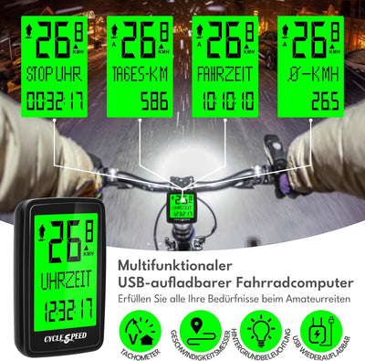 Fahrradcomputer USB Aufladbar, Fahrrad Kilometerzähler Tachometer Kabellos IPX7 Wasserdicht, Fahrrad