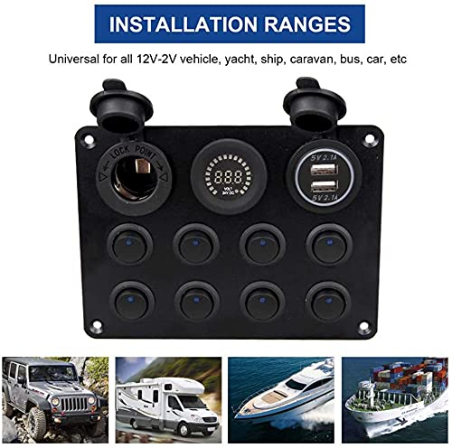 Riloer Panel mit 8 Wippschaltern 12-24V mit Dual-USB-Anschluss, 12V Digitalvoltmeter, Steckdose - fü