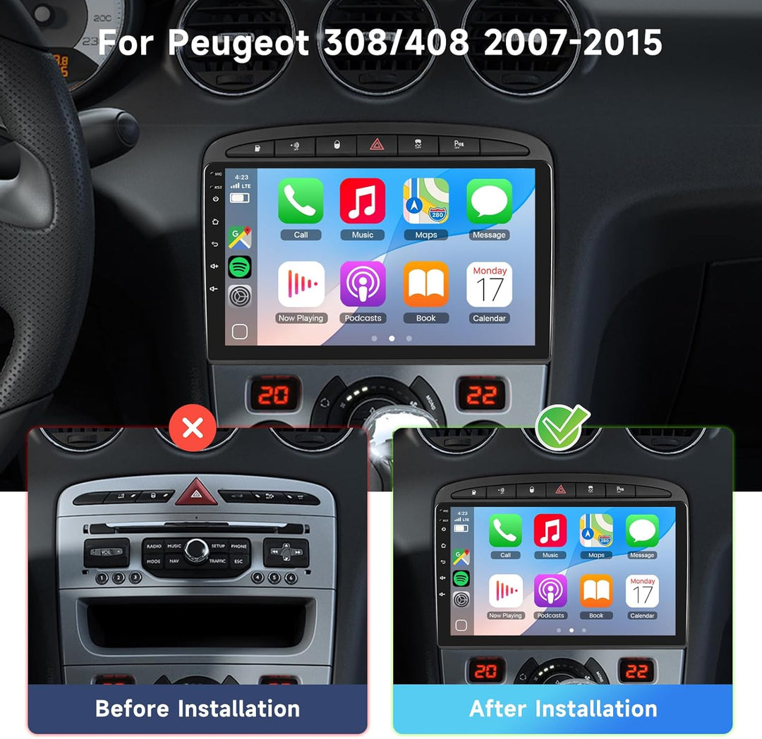 Podofo Autoradio für Peugeot 308/408 2007-2015 mit Wireless Carplay Android Auto, 8 Core, 4+64G, 9"