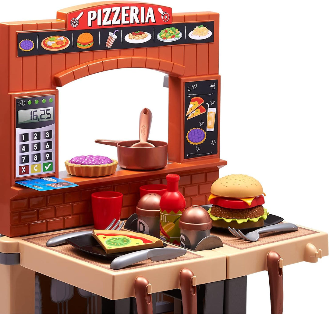 Ecoiffier – 2in1 Spielküche Pizzeria – variable Kinderküche mit Restaurant-Flair, inkl. Hocker, Küch