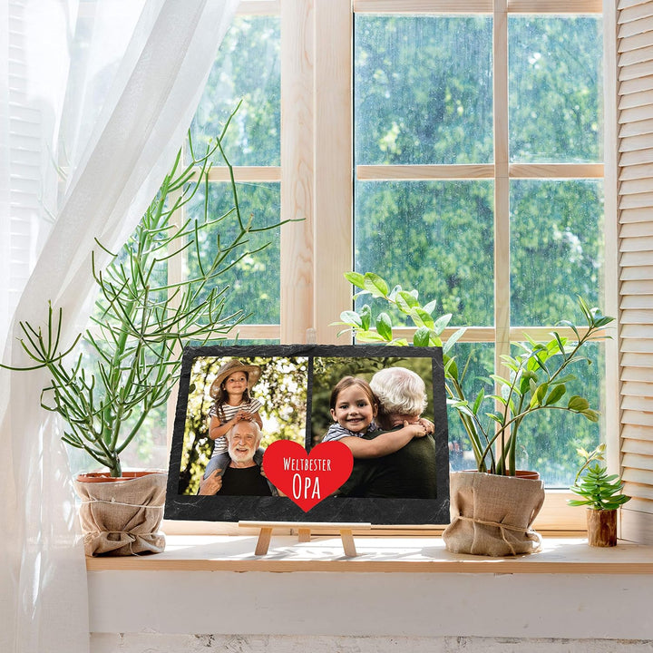 wandmotiv24 Schiefertafel Bester Opa mit Holz-Staffelei, Personalisiert mit 2 Farb-Fotos, Digitaldru