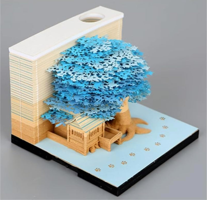 MEICHI 3D Notizblock, nicht verklebt, 3D Baumhaus (Blau) Papierkunst mit Anzeigebox glasklar, 9 x 9