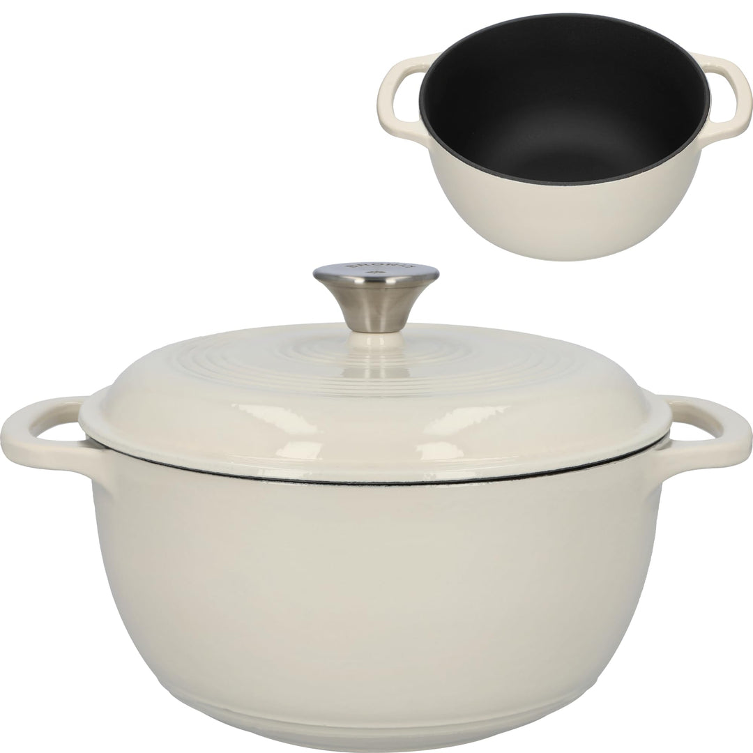 BROWIN® Gusseiserner Emaille-Kochtopf 330540 | 31 x 24 x 12 cm | Ecru, 4L | Emaille Bräter mit Decke