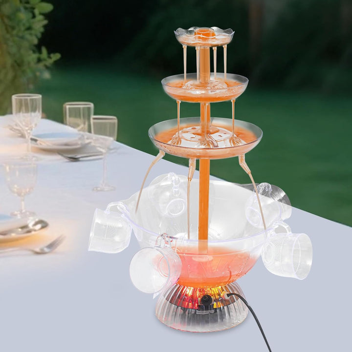 3-stufiger Partybrunnen mit LED-Beleuchtung, Klarer Getränkebrunnen inkl. 5 Tassen für Wein, Saft &amp;
