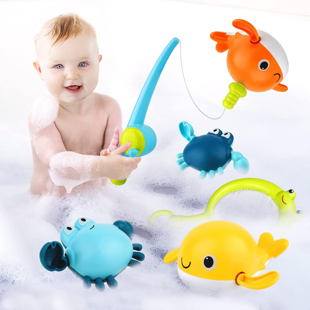 Badespielzeug, Angelspiel mit 4 Stück aufziehbarem Badespielzeug, Fischernetz, schwimmendes Pool-Bad