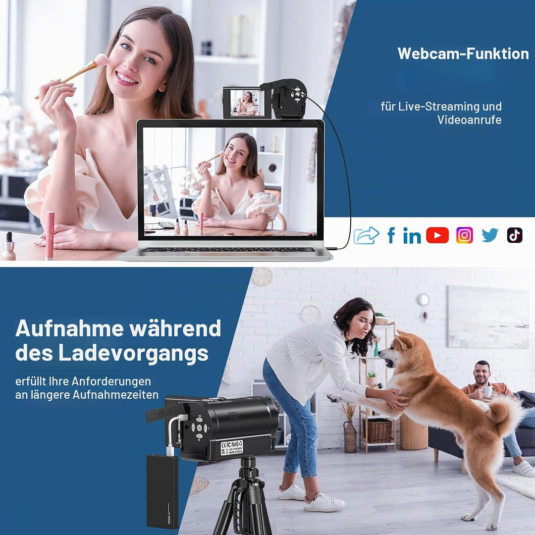Videokamera 2.7K 56MP Camcorder 16X Digitalzoom Fülllicht Vlogging Camera Schwarz, Schwarz