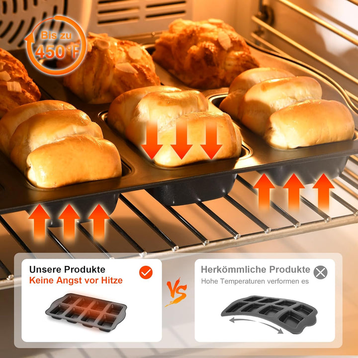 HONGBAKE 2er-Set Mini-Kastenform, 8-fach Antihaft Brotbackform (36x24cm) aus Karbonstahl, BPA-frei &