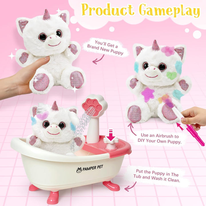 Einhorn Geschenke für Mädchen, Spielzeug Einhorn Kuscheltier mit Drück-Wasser-Badewanne & Waschbaren