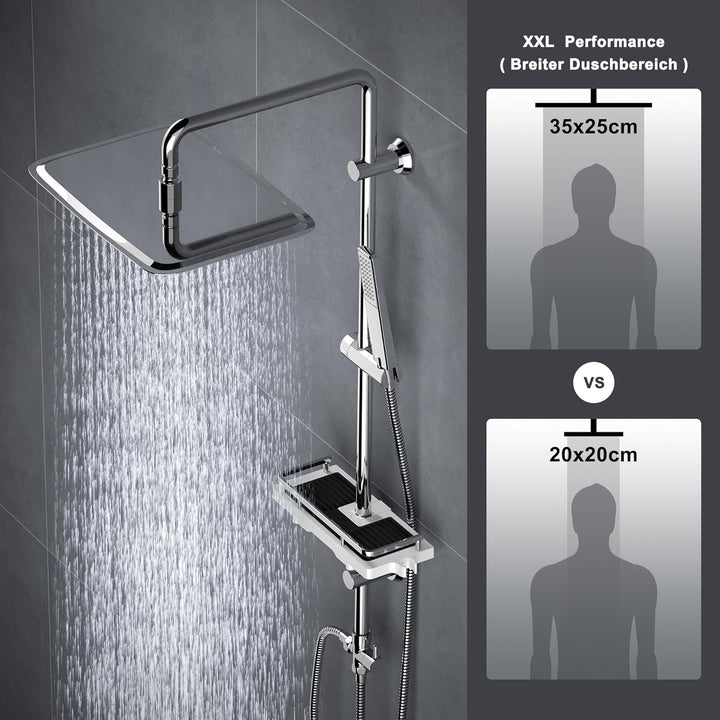 Görbach Regendusche Duschset Duschsystem mit Ablage Chrom Duschstangeset ohne Duscharmatur (35x25) Y