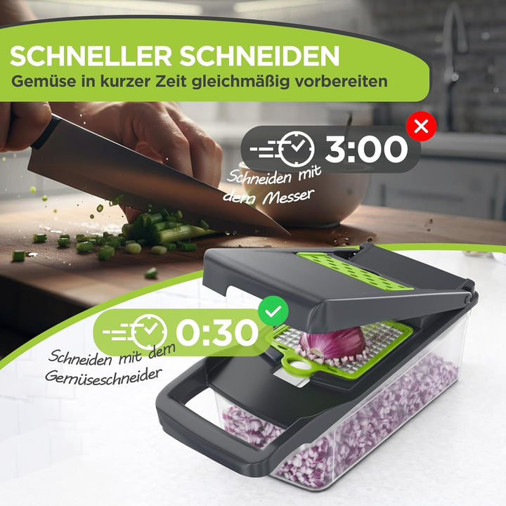 Gemüseschneider Multifunktion 13-in-1 mit Auffangbehälter, Mandoline Hobel, Zwiebelschneider, Würfel