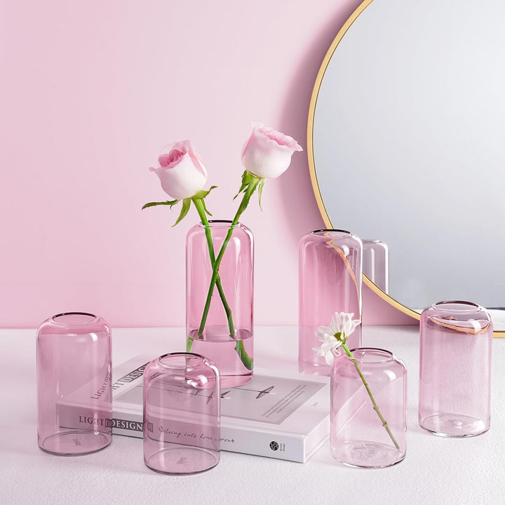 ZENS Knospenvasen 6er Set Rosa Klar Kleine Glasvase für Blumen Moderne mundgeblasene Zylinderglasvas