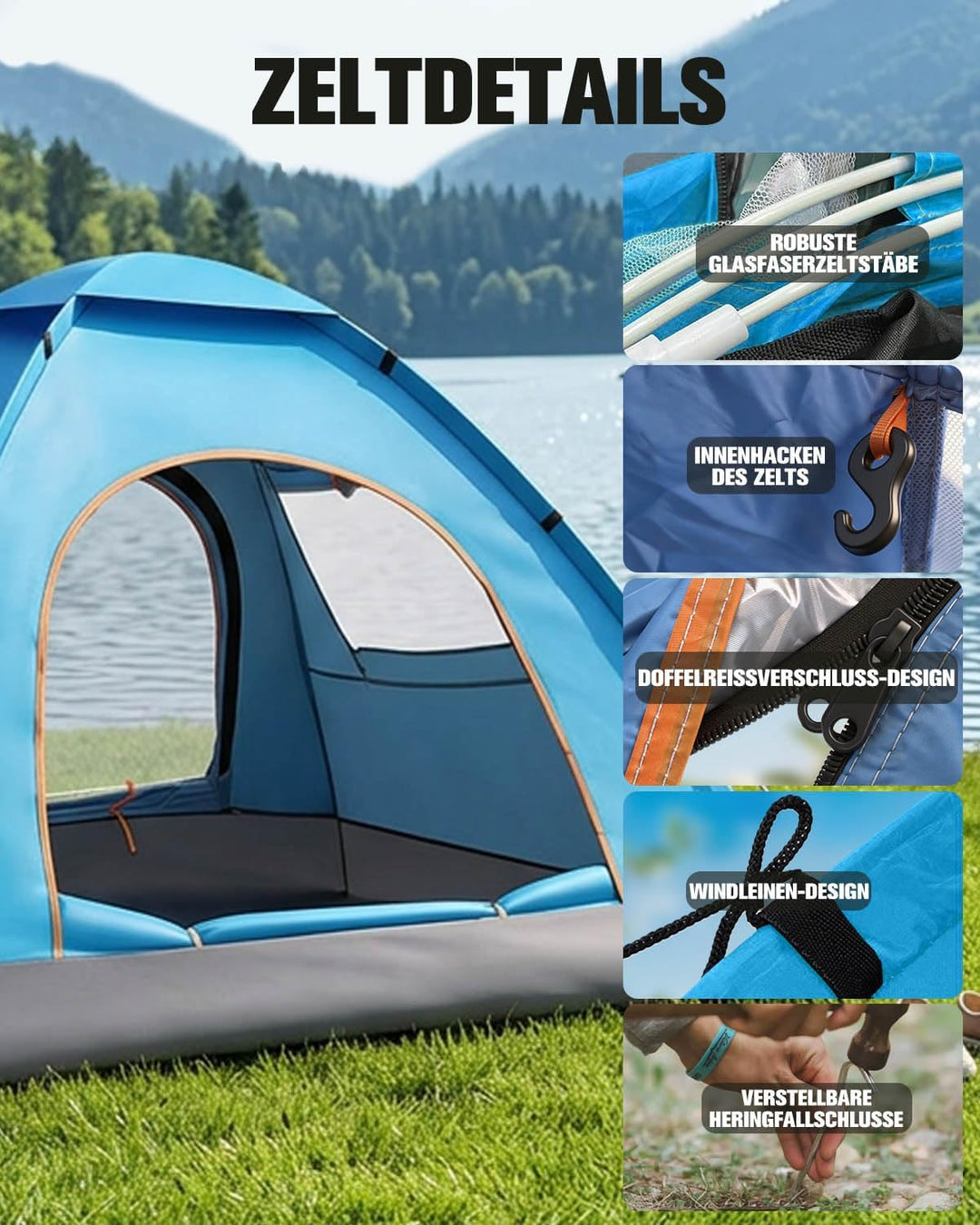 Wurfzelt 3-4 Personen Wasserdicht, Ultraleicht Winddicht Camping Zelt, Automatisches Pop Up Camping
