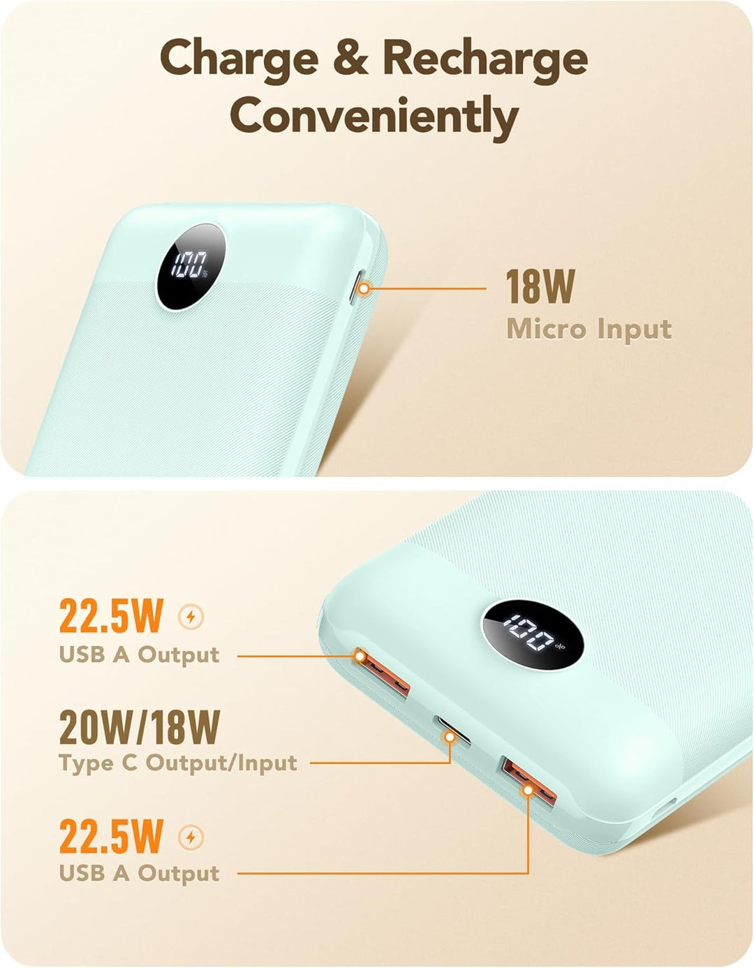 VEGER Power Bank 20000mAh klein 22.5W, Powerbank USB C Schnelles Aufladen Externe Handyakkus PD/QC3.