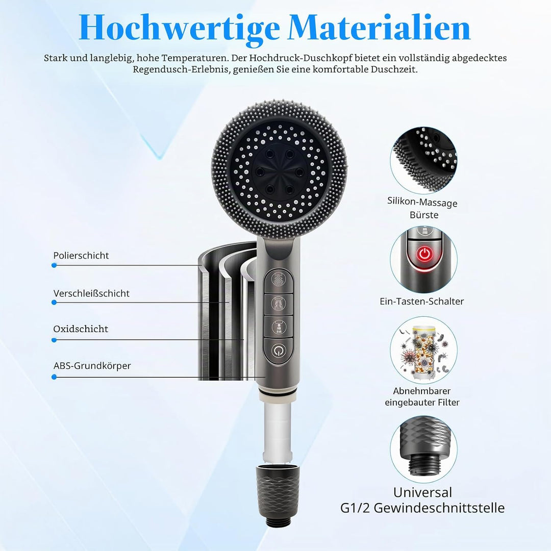 Duschkopf mit Filter, Hochdruck Handbrause mit 1.5 M Schlauch, Brausekopf Dusche, 4 Strahlarten, Dus