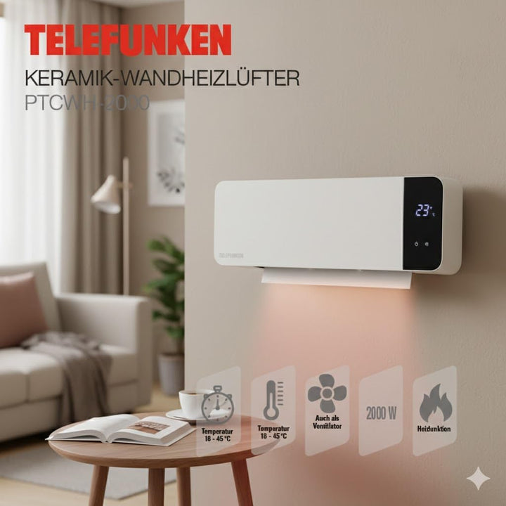 Telefunken Keramik Wandheizlüfter PTCWH-2000W | LED-Display mit digitalem Thermostat & Fernbedienung