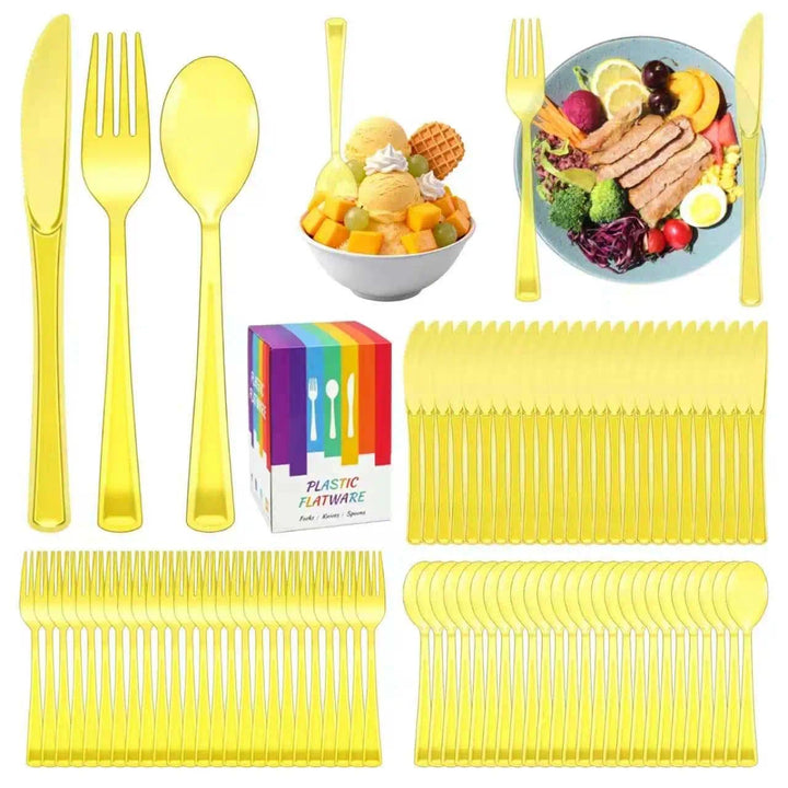 150 Stück Wiederverwendbares Besteck Set, Halbttransparentes Gelbes Party Besteck mit Gabeln Messer