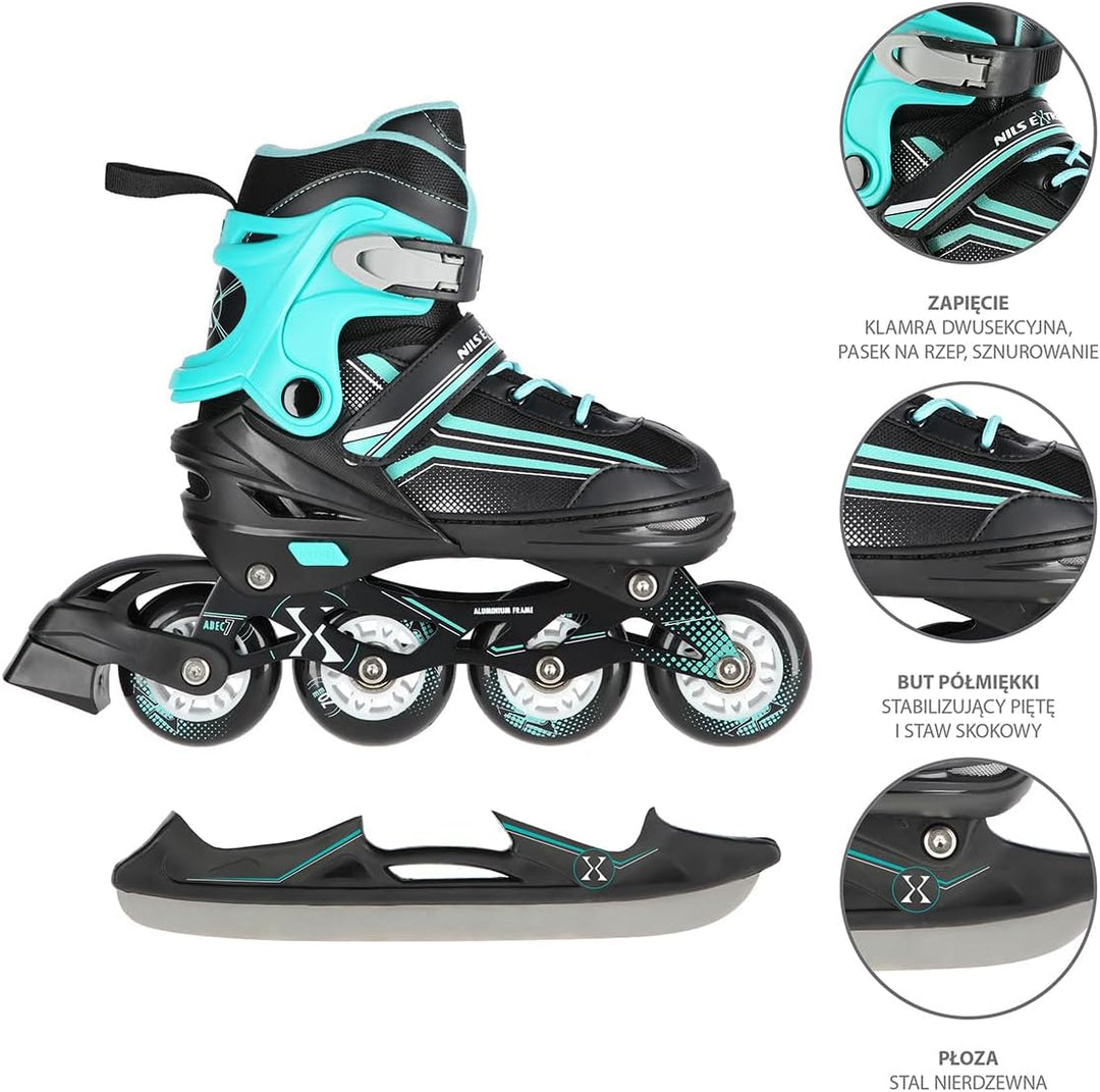 Nils Extreme NH18190 2-in-1 Inline Skates und Schlittschuhe, Schwarz-Türkis