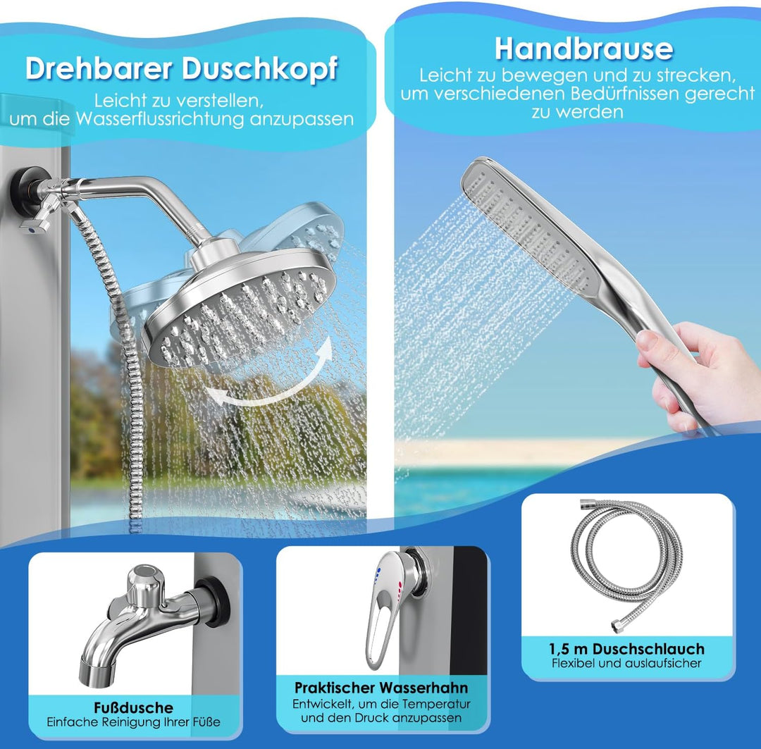 Eulenke Solardusche 60L Solar Gartendusche mit 360° Regenduschkopf, Wasserhahn und handbrause, Warme
