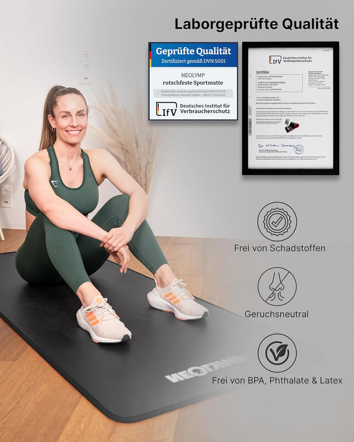 NEOLYMP extra dicke und rutschfeste Fitnessmatte mit Fitness E-Book und Tragegurt - Pilatesmatte, Yo