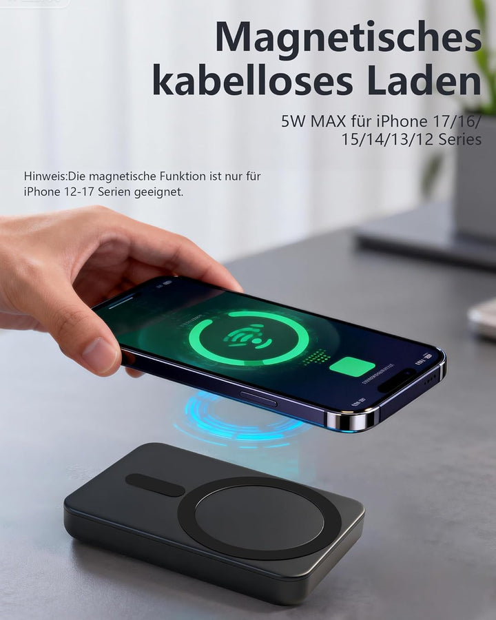 Miady Powerbank für Magsafe, 5000mAh 5W kabelloses magnetisches Laden & 12W USB-C Schnellladen, ultr