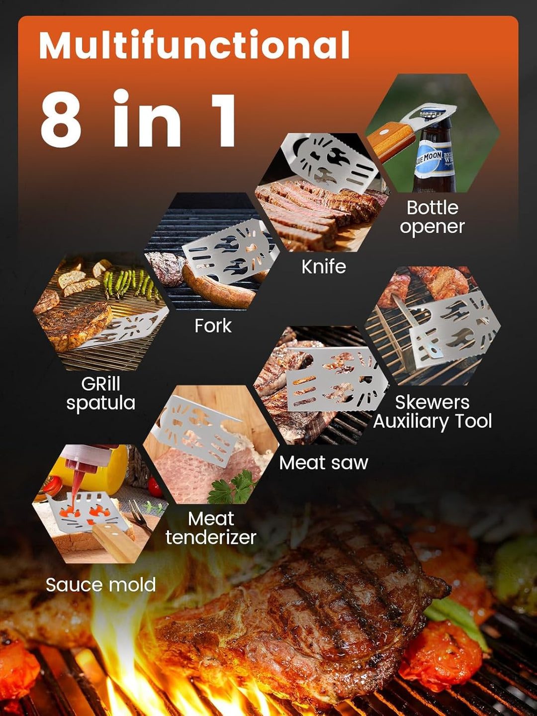 Landrip 2 Stück Grillspachtel für Barbecue, 8 in 1 Grillbesteck mit Holzgriff, EdelstahI, Multifunkt