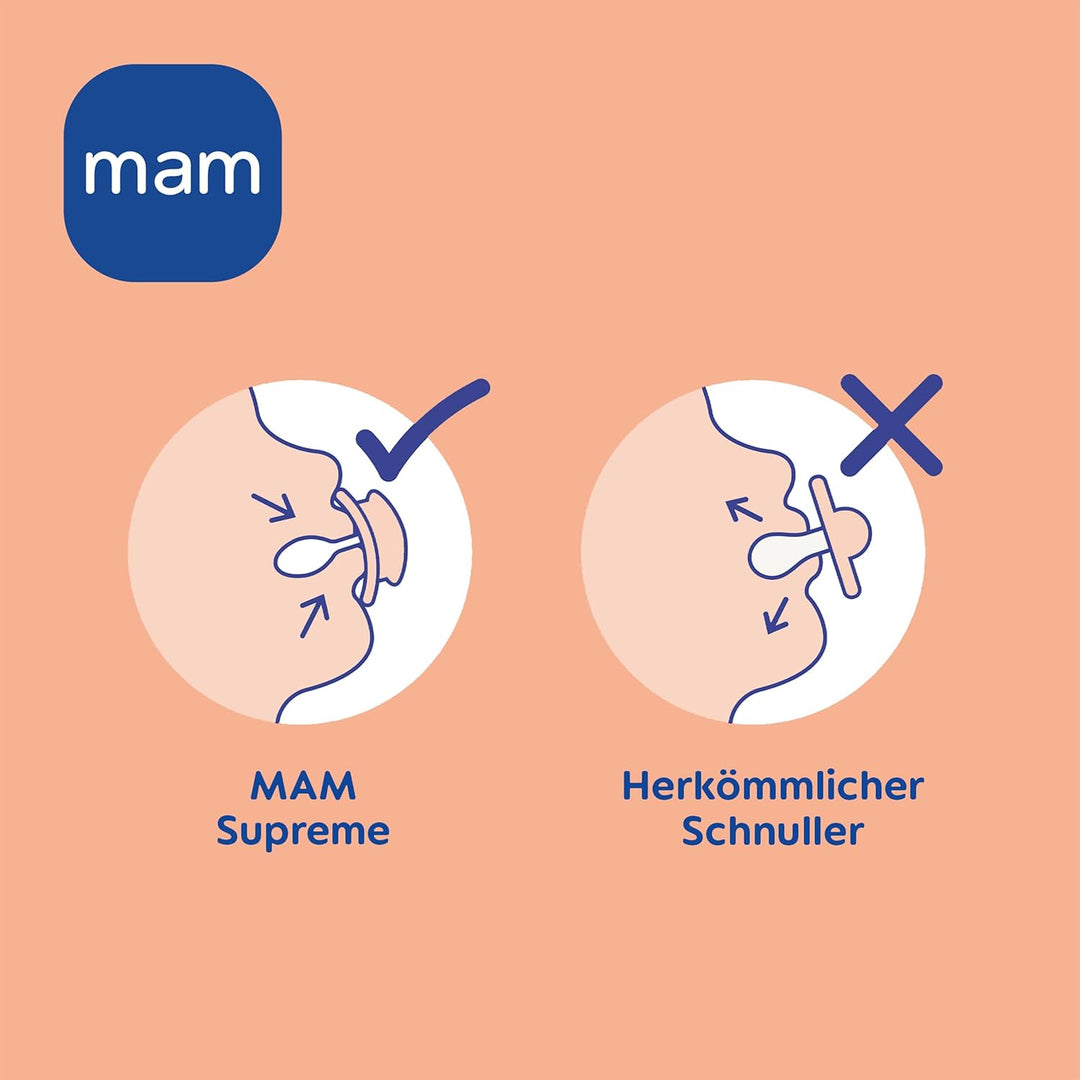 MAM Supreme Schnuller im 2er-Set, Baby Schnuller für eine gesunde Zahn- und Kieferentwicklung, beugt