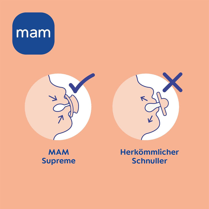 MAM Supreme Schnuller im 2er-Set, Baby Schnuller für eine gesunde Zahn- und Kieferentwicklung, beugt